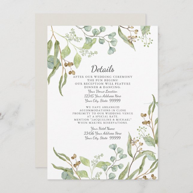 Reception Details Rustic Winery Eucalyptus Foliage Invitation (Front/Back)