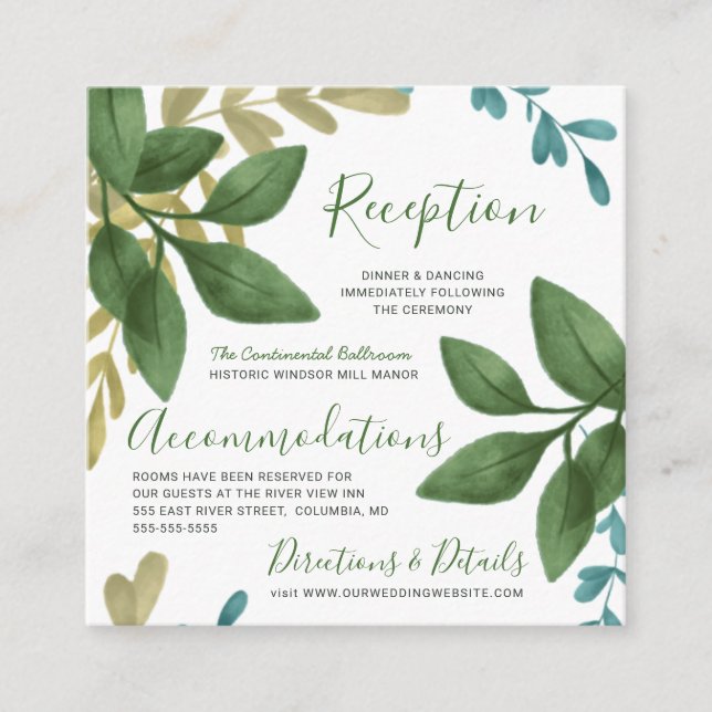 Reception & Details Watercolor Wedding Foliage Enclosure Card (Front)
