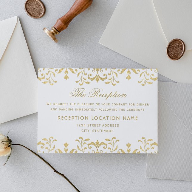 Reception Gold Glitter Damask Border Enclosure Card (Creator Uploaded)