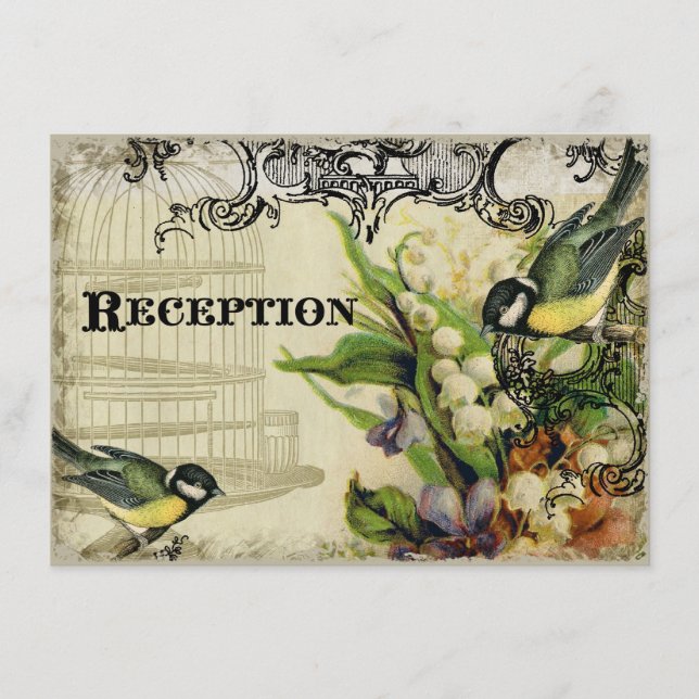 Reception Invitation, Yellow Song Bird Cage Floral Enclosure Card (Front)
