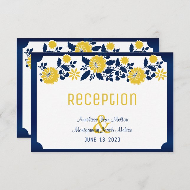 Reception - Navy Blue and Yellow Floral Wedding Invitation (Front/Back)