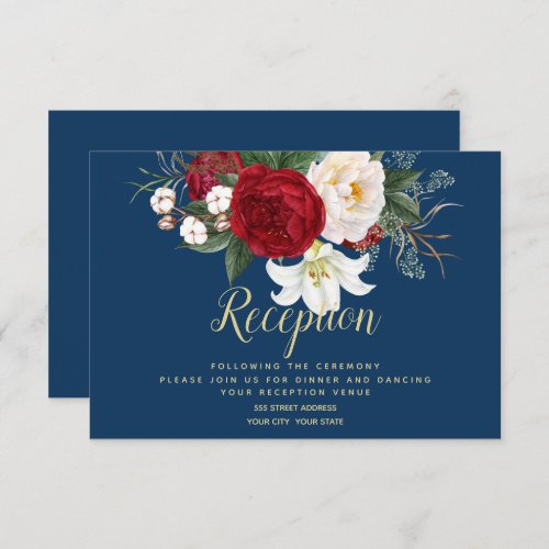 Reception  Navy Blue with Crimson Red Peonies Invitation