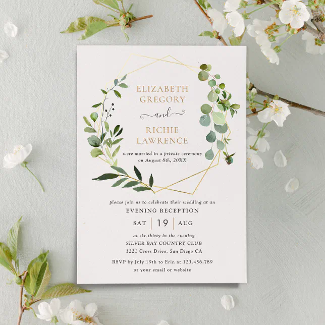 Reception Only Gold Geometric Greenery Wedding Invitation | Zazzle