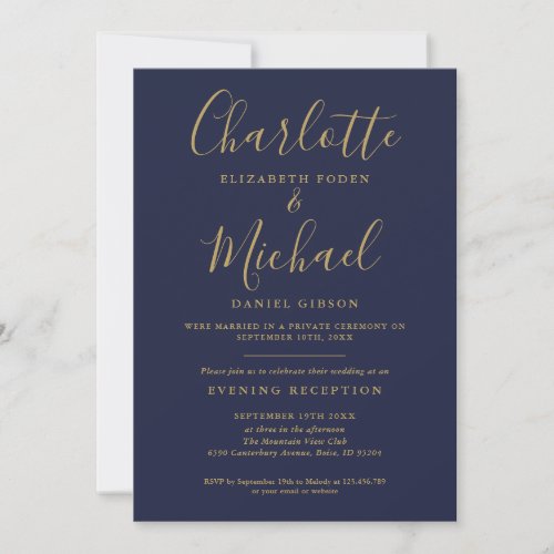 Reception Only Navy Blue And Gold Script Wedding Invitation