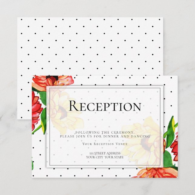 Reception | Polka Dots and Red Yellow Floral Invitation (Front/Back)