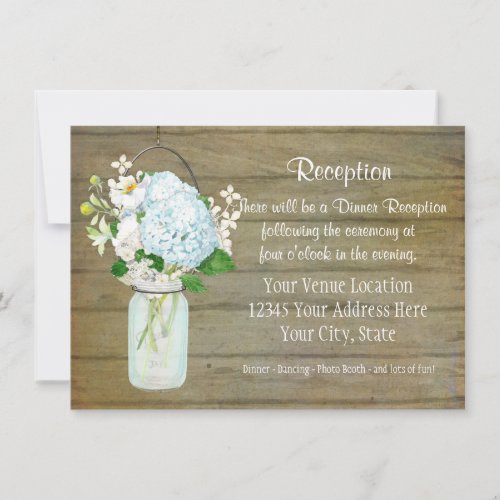 Reception Rustic Country Mason Jar Blue Hydrangeas Invitation