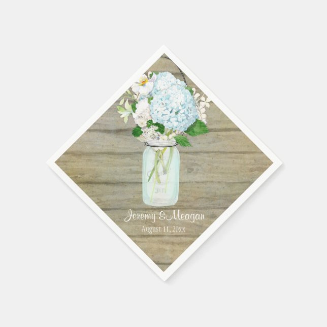 Reception Rustic Country Mason Jar Blue Hydrangeas Paper Napkins (Corner)