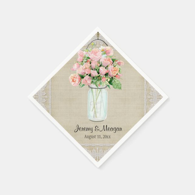 Reception Rustic Country Mason Jar Blush Pink Rose Paper Napkins (Corner)