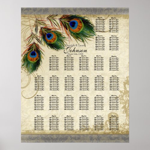 Reception Table Seating Chart Peacock  Feathers Poster