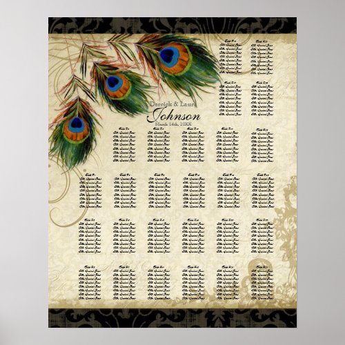 Reception Table Seating Chart Peacock  Feathers Poster