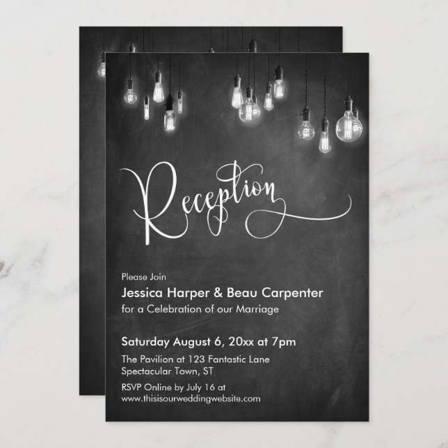Reception Typography, Edison Lights, Chalkboard Invitation (Front/Back)