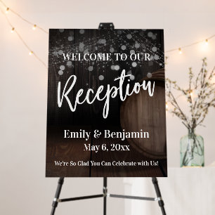 Reception Typography Rustic Wood Barrel and Lights Foam Board
