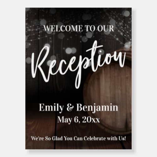 Reception Typography Rustic Wood Barrel and Lights Foam Board