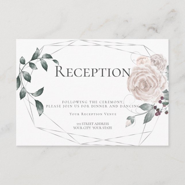 Reception | Watercolor Dusty Rose Floral Silver Enclosure Card (Front)