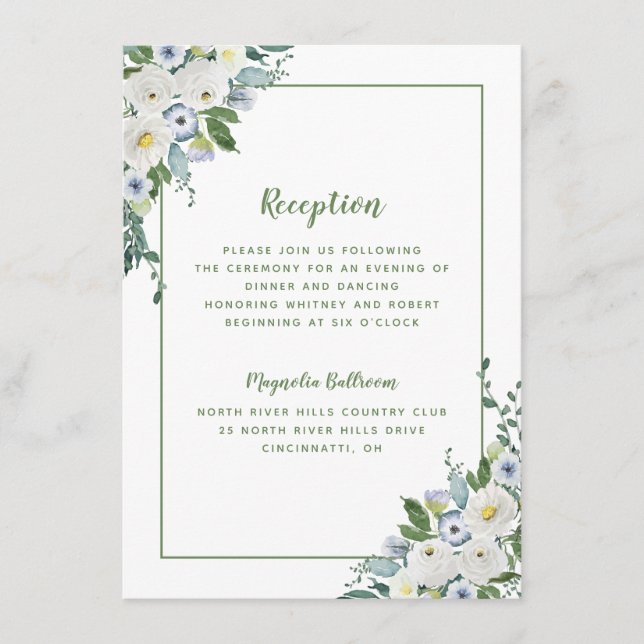 Reception Wedding Floral Watercolor Elegant Green Enclosure Card (Front)