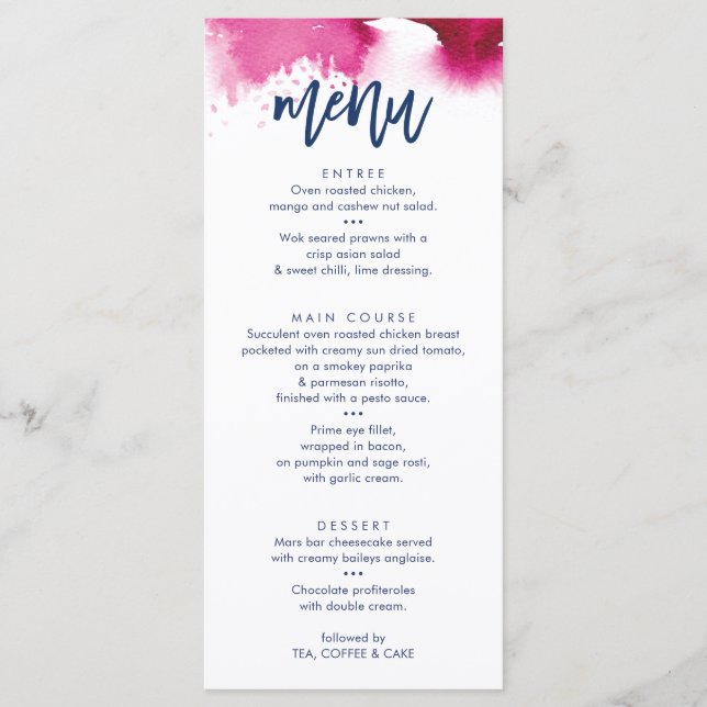 RECEPTION WEDDING MENU cute navy pink watercolor (Front)