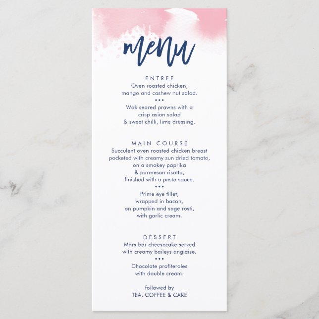 RECEPTION WEDDING MENU cute navy pink watercolor (Front)