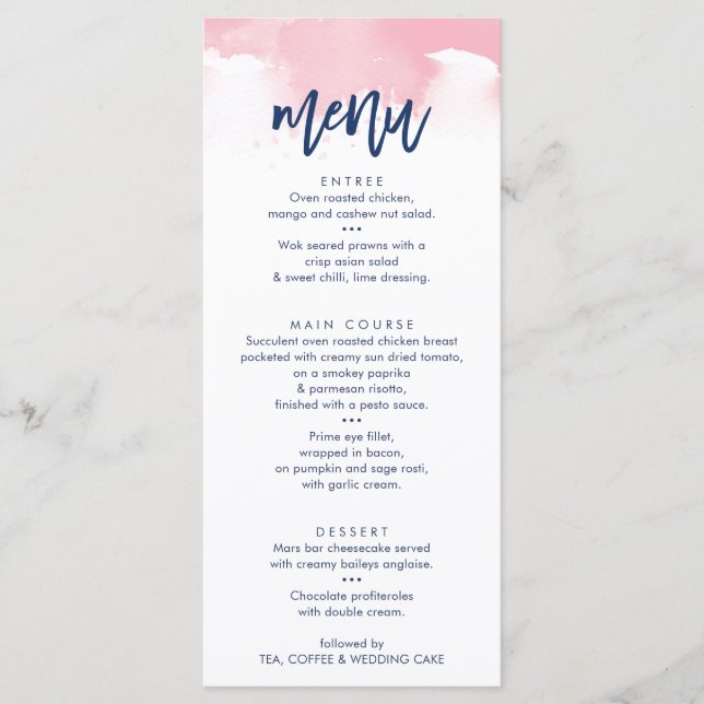 RECEPTION WEDDING MENU stylish pink watercolor (Front)
