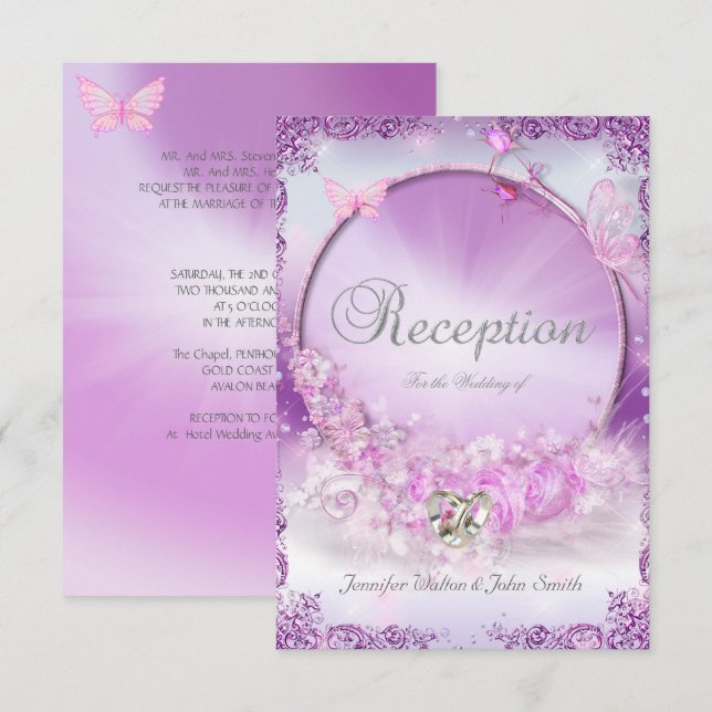 Reception Wedding Pink Lilac Rings Butterfly Invitation (Front/Back)