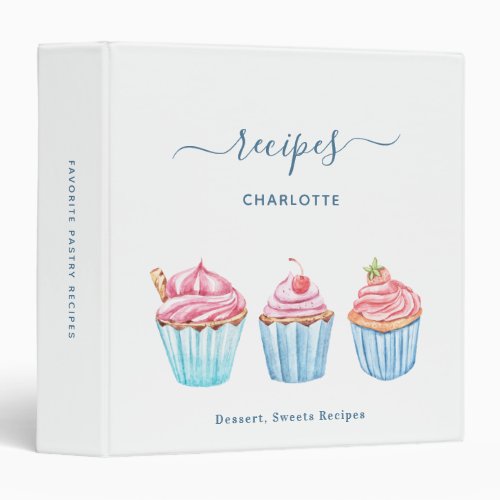Recipe baking cupcakes blush pink blue name 3 ring binder