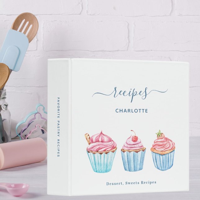 Recipe baking cupcakes blush pink blue name 3 ring binder (Creator Uploaded)