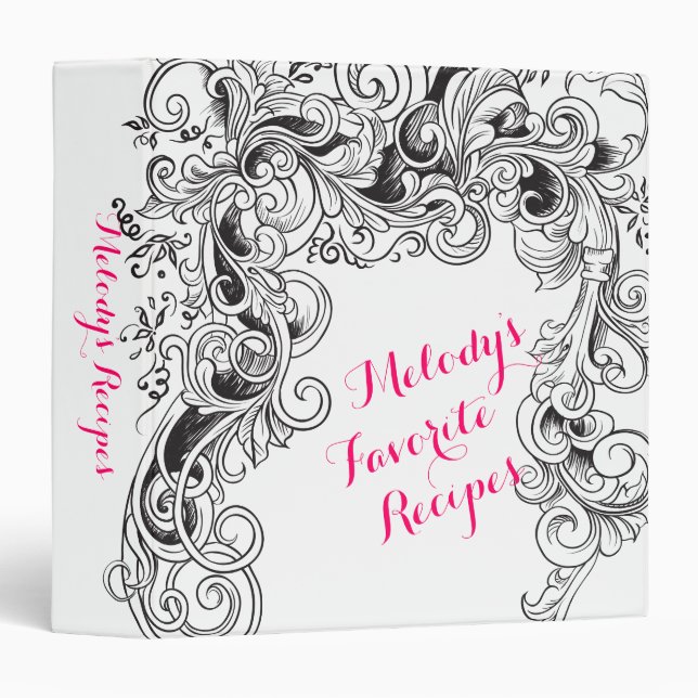 Recipe Binder | Black White Carved Floral (Front/Spine)
