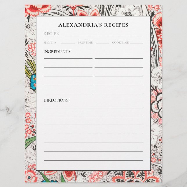 Recipe Binder Page | Elegant Blooming Floral (Front)