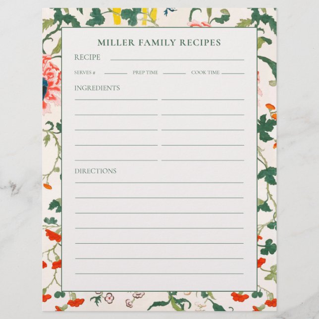 Recipe Binder Page | Family Name | Blooming Floral (Front)