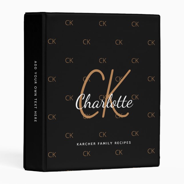 Recipe black gold monogram elegant script mini binder (Front/Spine)
