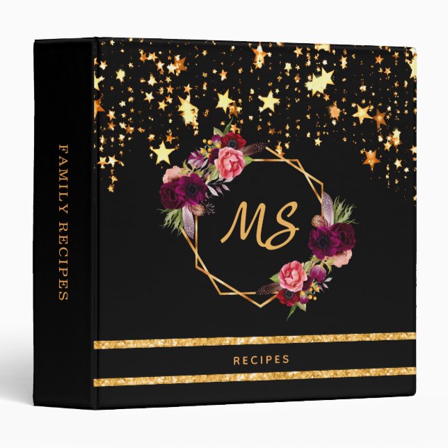 Recipe black gold stars glitter florals cookbook 3 ring binder (Front/Spine)