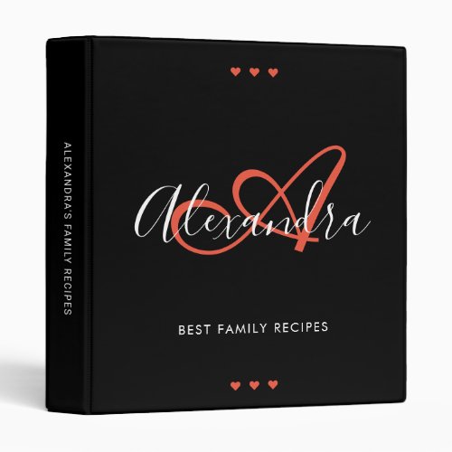 Recipe Black Orange Red Elegant Script Monogram 3 Ring Binder