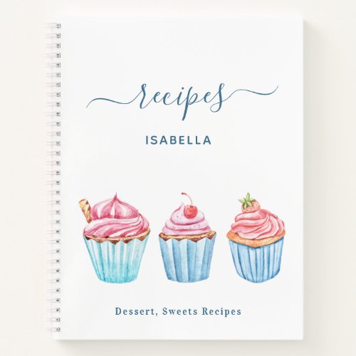 Recipe blush pink baking blue cupcakes name notebook