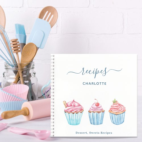 Recipe blush pink baking blue cupcakes name notebook