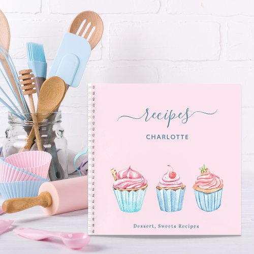 Recipe blush pink baking blue cupcakes name notebook