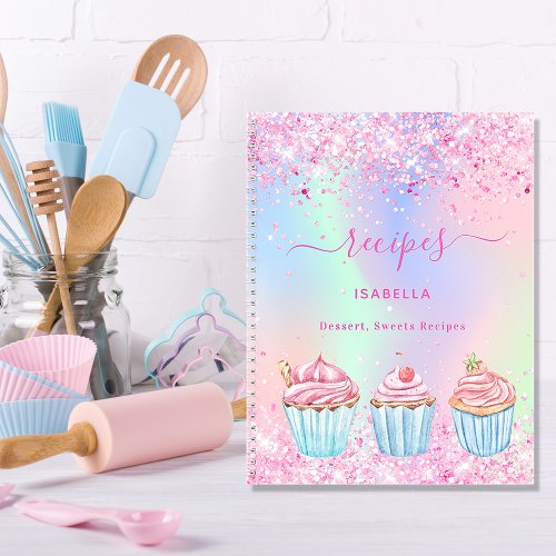 Recipe blush pink baking glitter cupcakes name notebook