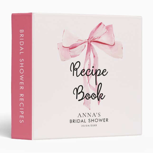 Recipe Book Pink Bow Bridal Shower 3 Ring Binder (Front/Spine)