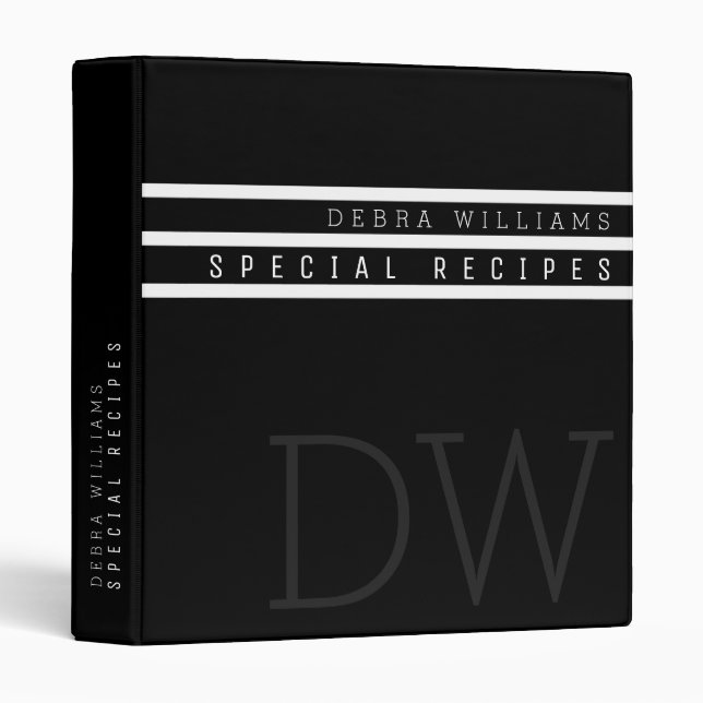 recipe book with chef name, black with stripes 3 ring binder (Front/Spine)
