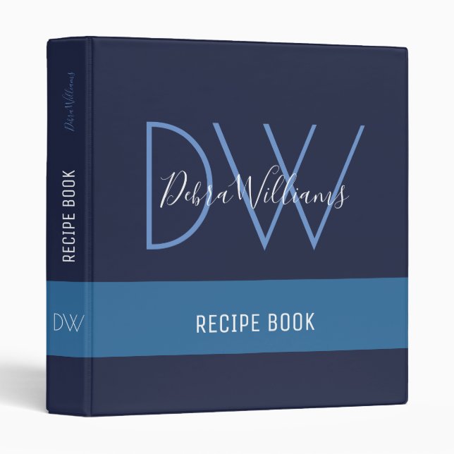 recipe book with custom monogram, blue 3 ring binder (Front/Spine)