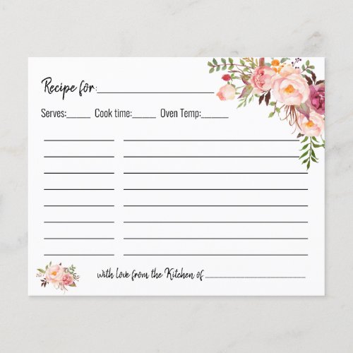 Recipe card bridal shower pink floral wedding