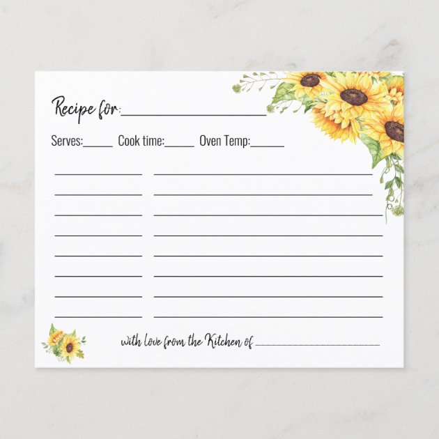 Sunflower Recipe Cards Floral Double-Sided Kitchen Note Wedding Bridal Shower 
