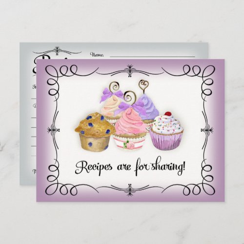 Recipe Card Cupcake Cute Watercolor Bridal Shower 