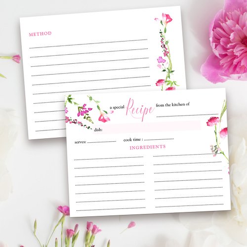 Recipe Card Feminine Pink Wildflower Bridal Shower