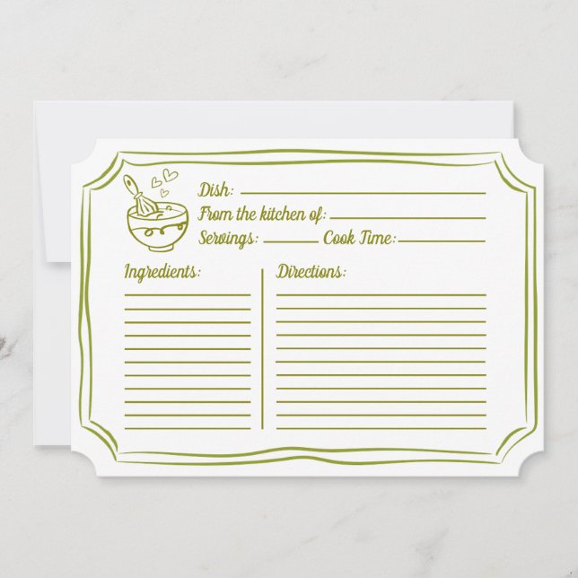 Recipe Card for Bridal Shower Elegant Olive Green (Front)