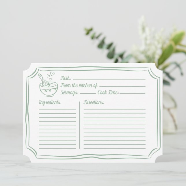Recipe Card for Bridal Shower Elegant Sage Green  (Standing Front)