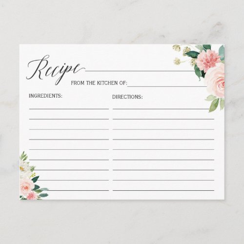 Recipe Card for the Bride Blush Pink Floral