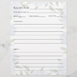 Recipe Card, Full Page for Binder, Faded Hydrangea