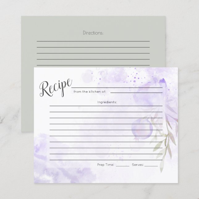 RECIPE CARD | Lilac Purple Painterly Roses (Front/Back)