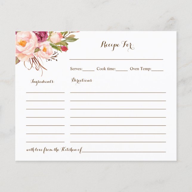Recipe Card Pink Floral Bridal Shower (Front)