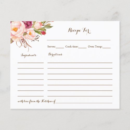 Recipe Card Pink Floral Bridal Shower