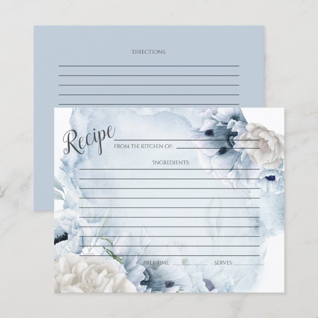 RECIPE CARD | Rustic Watercolor Blue Flowers (Front/Back)
